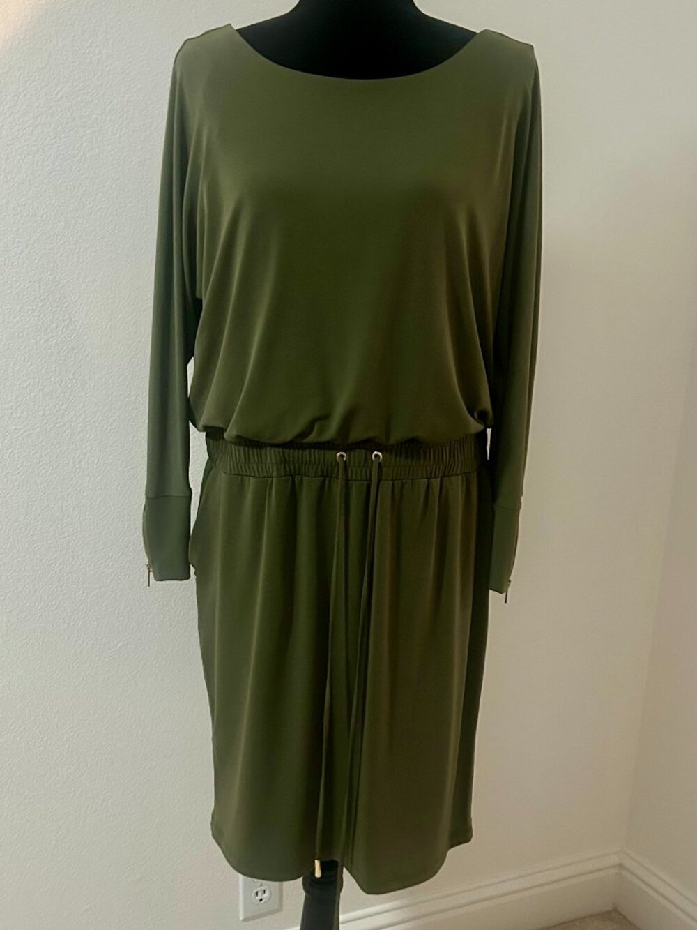 Marc New York Andrew Marc Olive Green Knit Tunic Dress Elastic Waist Long Sleeve